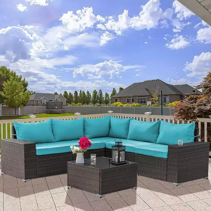 ALAULM Gartenmöbel 7-teiliges Outdoor-Sofa-Set aus PE-Rattan, braunes Geflecht, Garten-Konversationsset