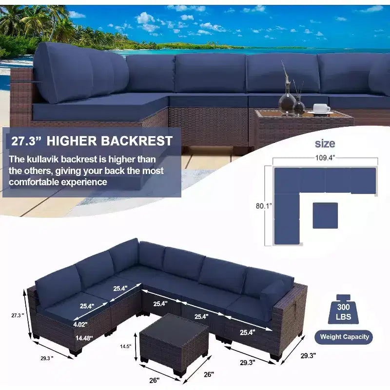 ALAULM Gartenmöbel 7-teiliges Outdoor-Sofa-Set aus PE-Rattan, braunes Geflecht, Garten-Konversationsset