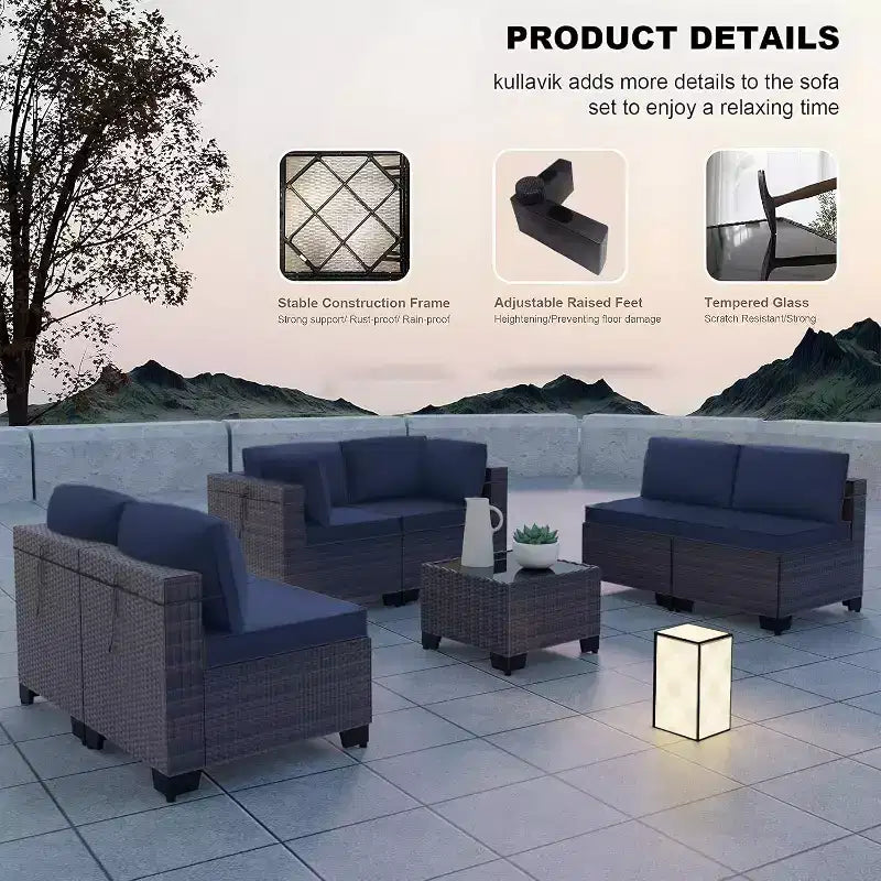 ALAULM Gartenmöbel 7-teiliges Outdoor-Sofa-Set aus PE-Rattan, braunes Geflecht, Garten-Konversationsset