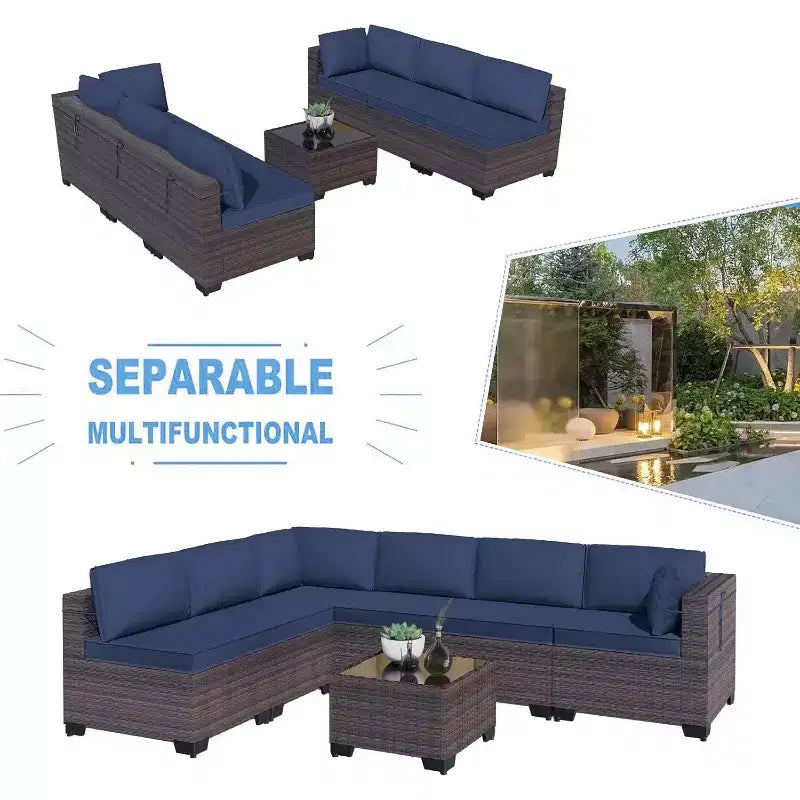 ALAULM Gartenmöbel 7-teiliges Outdoor-Sofa-Set aus PE-Rattan, braunes Geflecht, Garten-Konversationsset