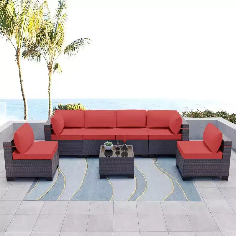 ALAULM Gartenmöbel 7-teiliges Outdoor-Sofa-Set aus PE-Rattan, braunes Geflecht, Garten-Konversationsset