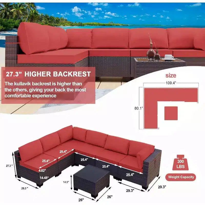 ALAULM Gartenmöbel 7-teiliges Outdoor-Sofa-Set aus PE-Rattan, braunes Geflecht, Garten-Konversationsset