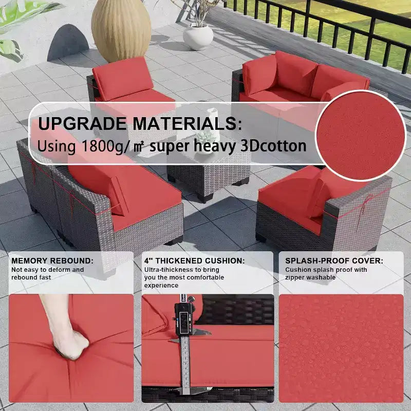 ALAULM Gartenmöbel 7-teiliges Outdoor-Sofa-Set aus PE-Rattan, braunes Geflecht, Garten-Konversationsset