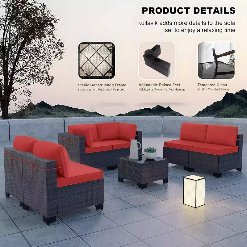 ALAULM Gartenmöbel 7-teiliges Outdoor-Sofa-Set aus PE-Rattan, braunes Geflecht, Garten-Konversationsset
