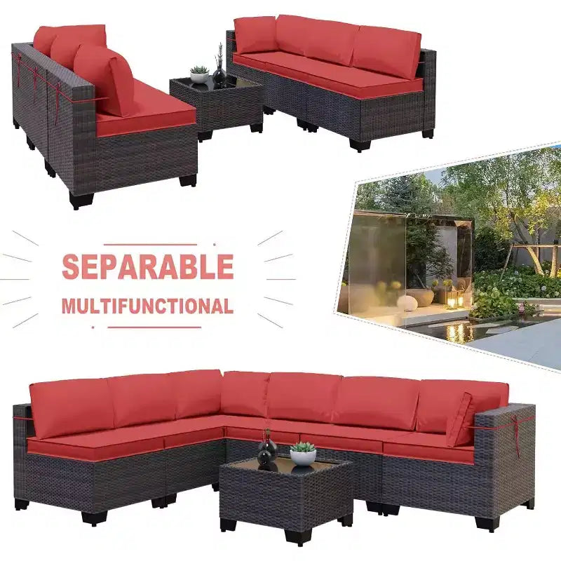 ALAULM Gartenmöbel 7-teiliges Outdoor-Sofa-Set aus PE-Rattan, braunes Geflecht, Garten-Konversationsset