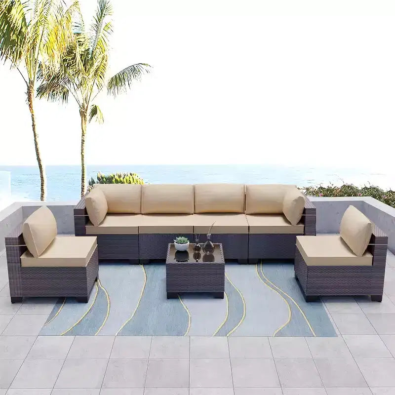 ALAULM Gartenmöbel 7-teiliges Outdoor-Sofa-Set aus PE-Rattan, braunes Geflecht, Garten-Konversationsset