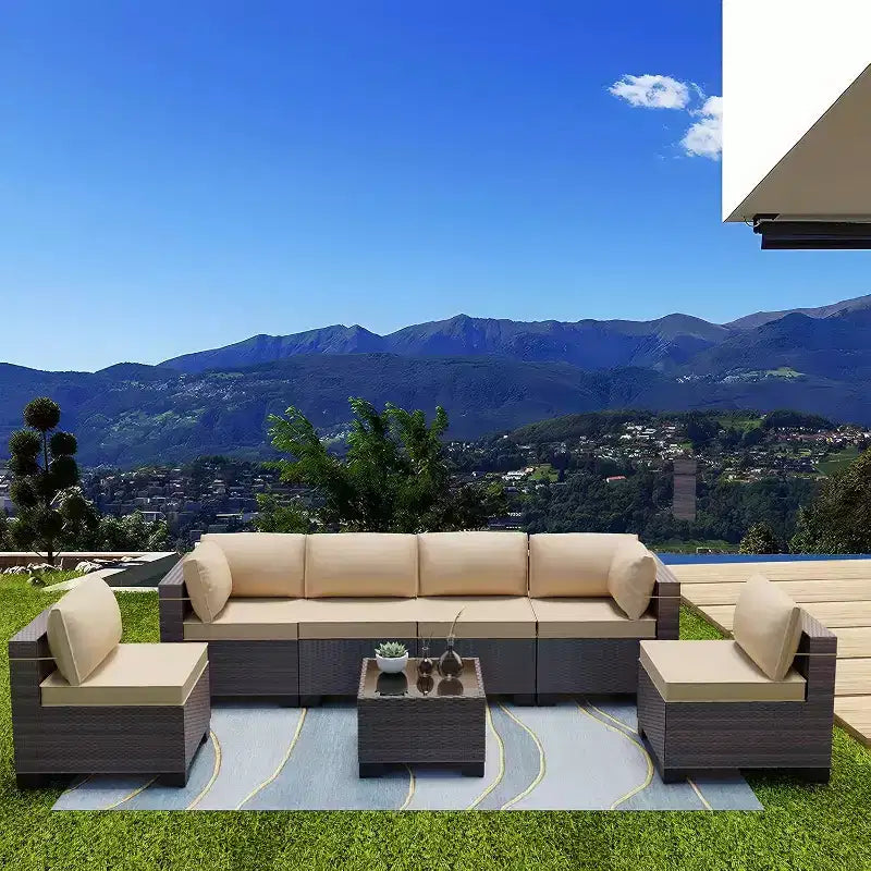 ALAULM Gartenmöbel 7-teiliges Outdoor-Sofa-Set aus PE-Rattan, braunes Geflecht, Garten-Konversationsset