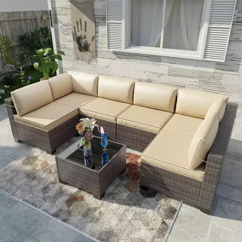 ALAULM Gartenmöbel 7-teiliges Outdoor-Sofa-Set aus PE-Rattan, braunes Geflecht, Garten-Konversationsset