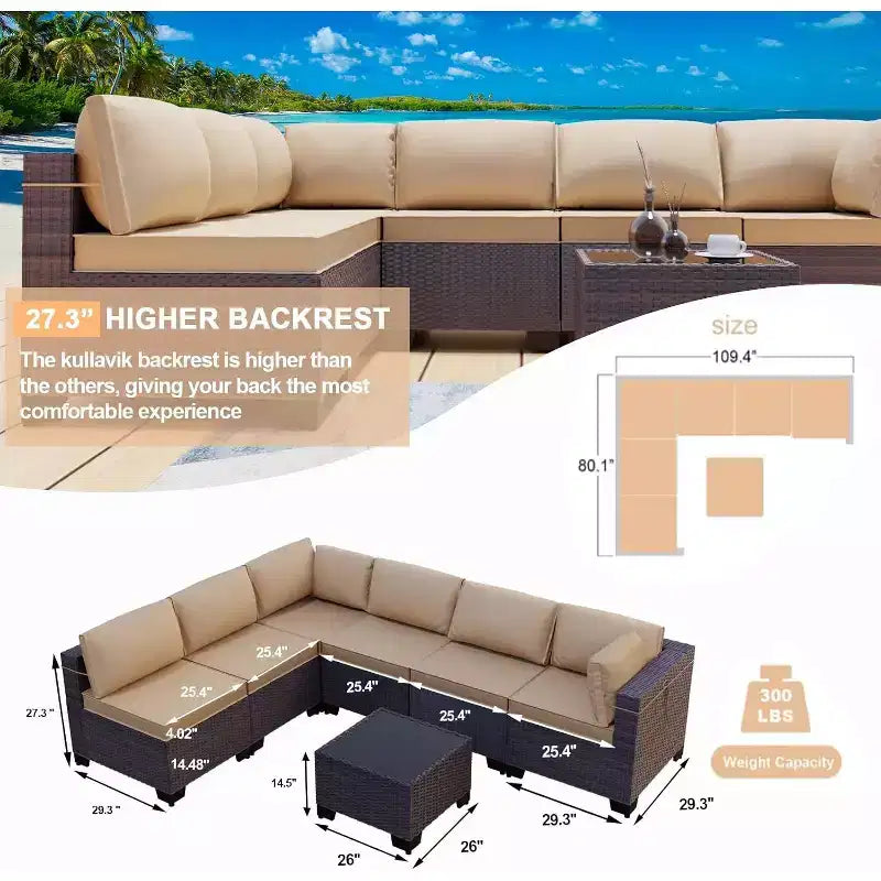 ALAULM Gartenmöbel 7-teiliges Outdoor-Sofa-Set aus PE-Rattan, braunes Geflecht, Garten-Konversationsset