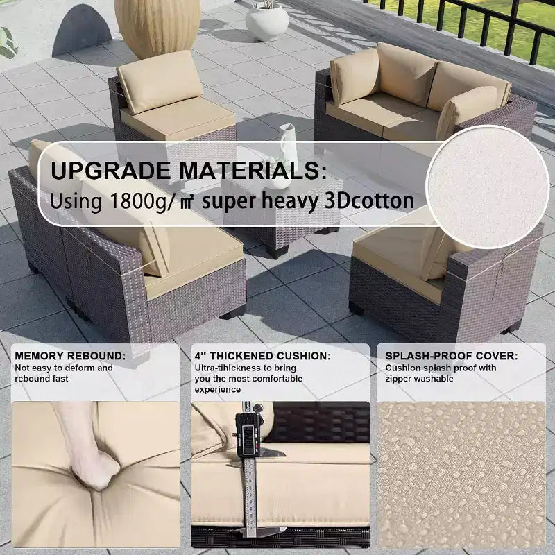 ALAULM Gartenmöbel 7-teiliges Outdoor-Sofa-Set aus PE-Rattan, braunes Geflecht, Garten-Konversationsset