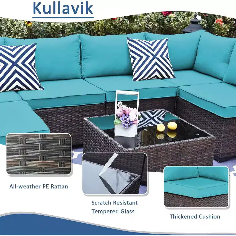 ALAULM Gartenmöbel 7-teiliges Outdoor-Sofa-Set aus PE-Rattan, braunes Geflecht, Garten-Konversationsset