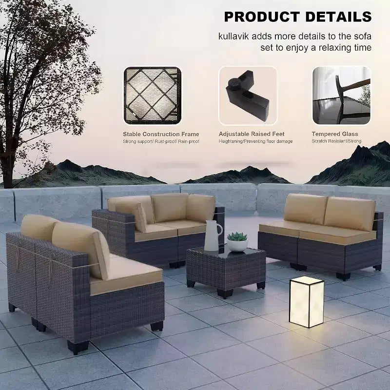 ALAULM Gartenmöbel 7-teiliges Outdoor-Sofa-Set aus PE-Rattan, braunes Geflecht, Garten-Konversationsset