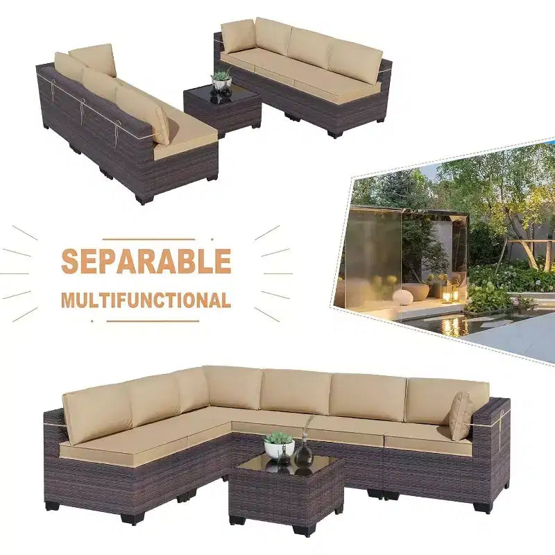 ALAULM Gartenmöbel 7-teiliges Outdoor-Sofa-Set aus PE-Rattan, braunes Geflecht, Garten-Konversationsset