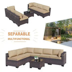 ALAULM Gartenmöbel 7-teiliges Outdoor-Sofa-Set aus PE-Rattan, braunes Geflecht, Garten-Konversationsset