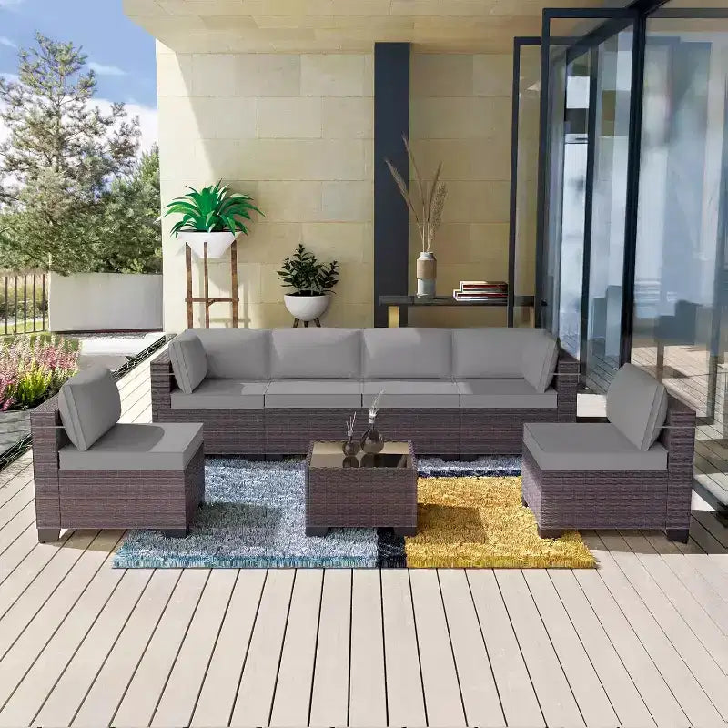 ALAULM Gartenmöbel 7-teiliges Outdoor-Sofa-Set aus PE-Rattan, braunes Geflecht, Garten-Konversationsset