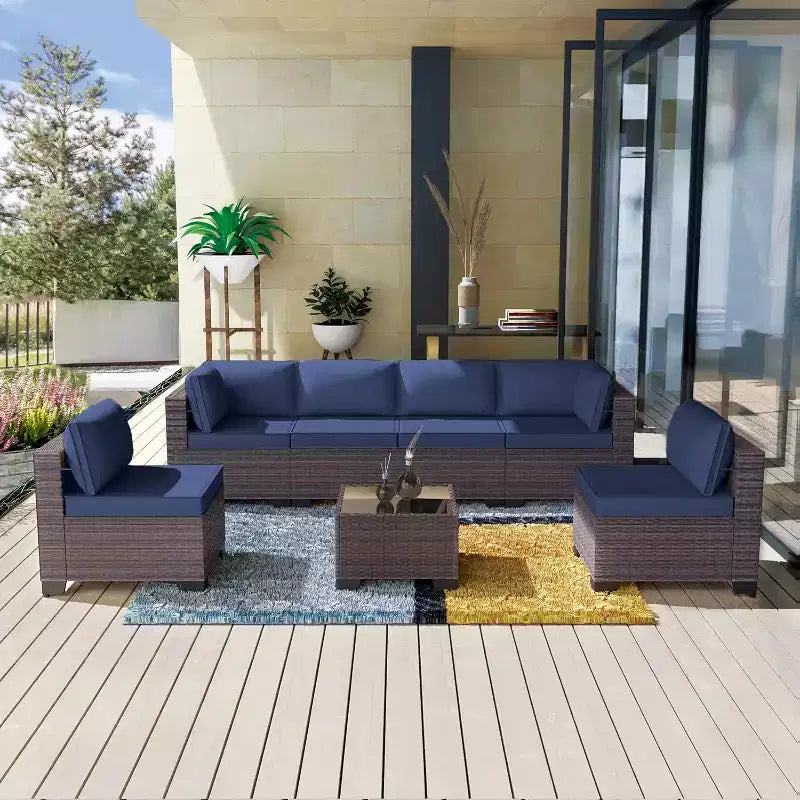 ALAULM Gartenmöbel 7-teiliges Outdoor-Sofa-Set aus PE-Rattan, braunes Geflecht, Garten-Konversationsset