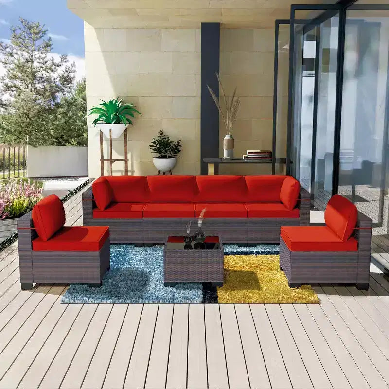 ALAULM Gartenmöbel 7-teiliges Outdoor-Sofa-Set aus PE-Rattan, braunes Geflecht, Garten-Konversationsset
