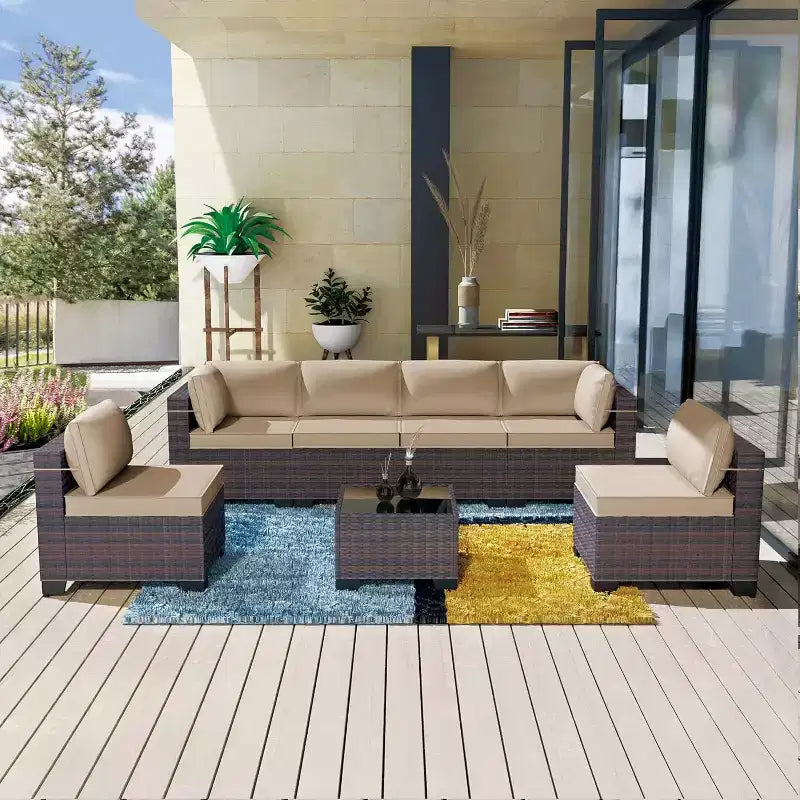 ALAULM Gartenmöbel 7-teiliges Outdoor-Sofa-Set aus PE-Rattan, braunes Geflecht, Garten-Konversationsset