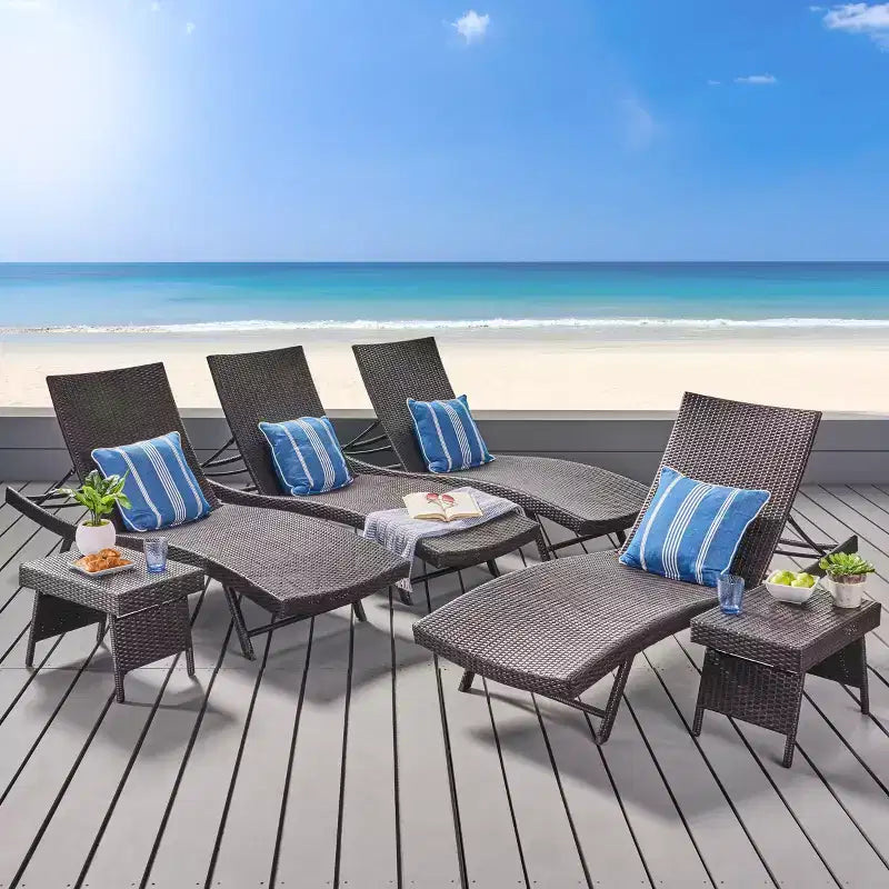 Christopher Knight Home Calvin 6 Piece Outdoor Rattan and Iron Adjustable Chaise Lounges with Foldable Tables