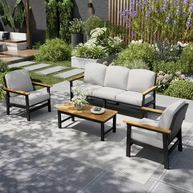 All Weather HDPE Outdoor Patio Furniture Conversation Set with Beige Cushions and Coffee Table