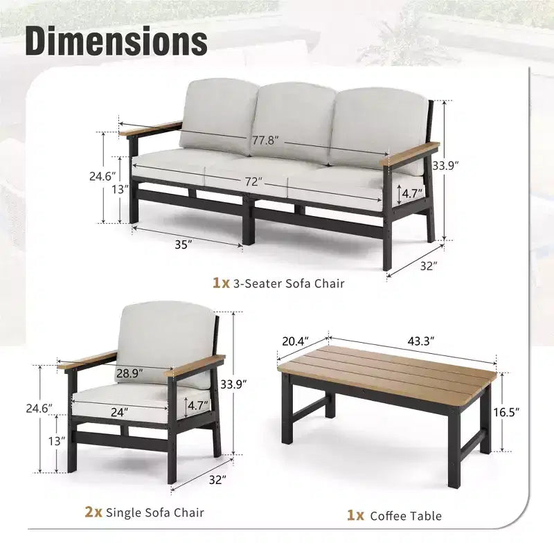 Allwetter-Gartenmöbel-Set aus HDPE für den Außenbereich mit beigen Kissen und Couchtisch