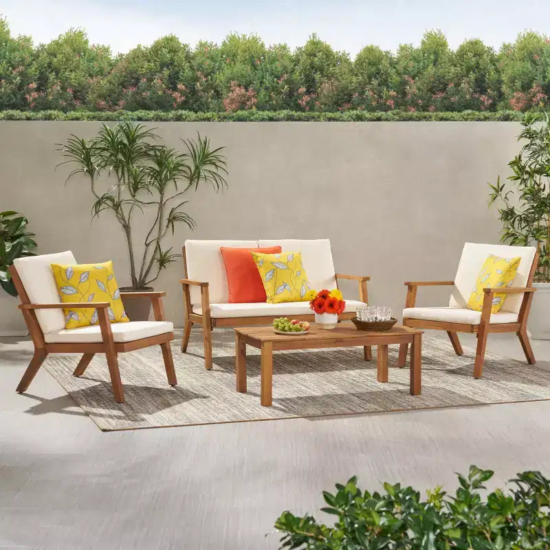 GDFStudio Avacyn Outdoor Acacia Wood 4 Seater Chat Set with Water Resistant Cushions