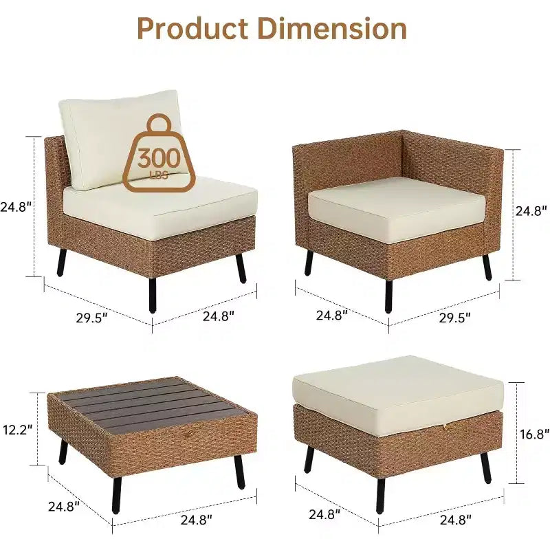 Real Relax 6-teilige Outdoor-Sitzgruppe aus Polyrattan, Boho Terrassenmöbel-Set mit HDPE-Tisch und wasserabweisenden dicken Kissen, Beige