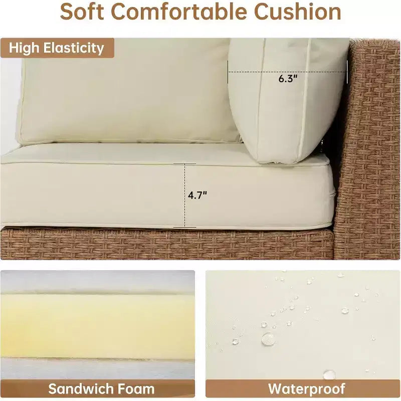 Real Relax 6-teilige Outdoor-Sitzgruppe aus Polyrattan, Boho Terrassenmöbel-Set mit HDPE-Tisch und wasserabweisenden dicken Kissen, Beige