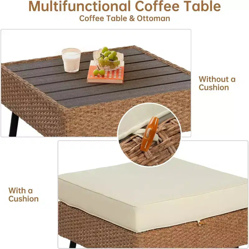 Real Relax 6-teilige Outdoor-Sitzgruppe aus Polyrattan, Boho Terrassenmöbel-Set mit HDPE-Tisch und wasserabweisenden dicken Kissen, Beige