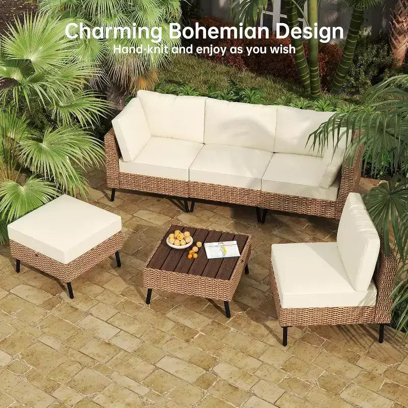 Real Relax 6-teilige Outdoor-Sitzgruppe aus Polyrattan, Boho Terrassenmöbel-Set mit HDPE-Tisch und wasserabweisenden dicken Kissen, Beige
