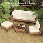 Real Relax 6-teilige Outdoor-Sitzgruppe aus Polyrattan, Boho Terrassenmöbel-Set mit HDPE-Tisch und wasserabweisenden dicken Kissen, Beige