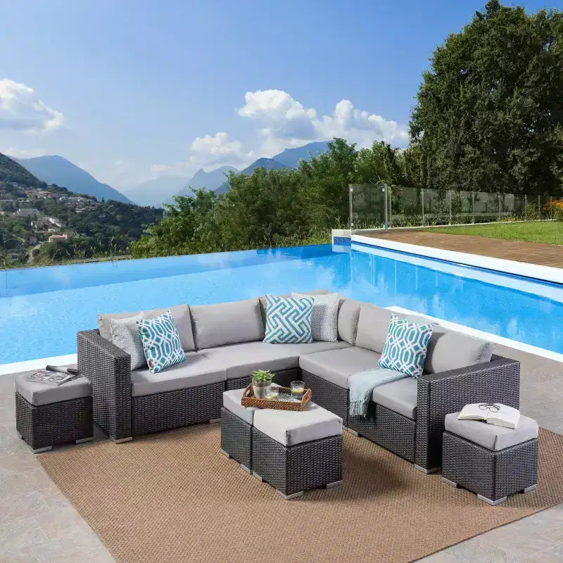Christopher Knight Home Santa Rosa Outdoor 9-teiliges V-förmiges Rattan- und Aluminium-Ecksofa-Set mit Kissen