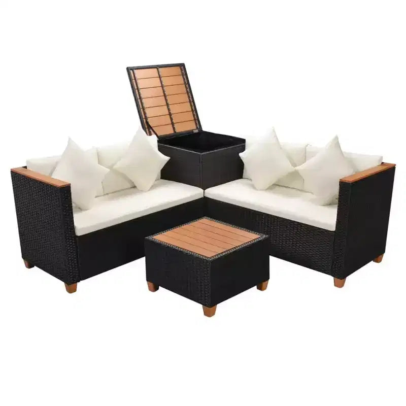 vidaXL 4 Piece Lounge Set - Poly Rattan Patio Furniture with Cushions and Storage Box, Perfect for Garden/Patio, Black and Cream White