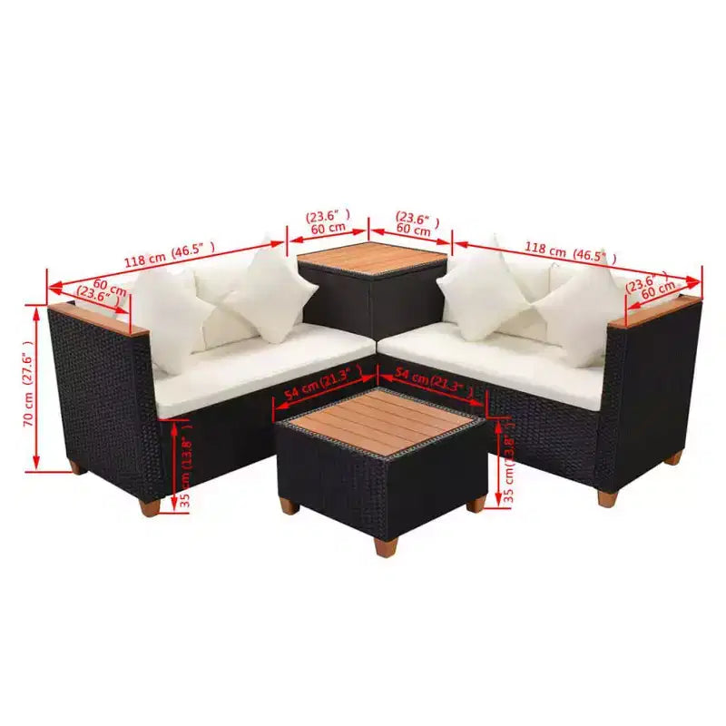 vidaXL 4-teiliges Lounge-Set – Gartenmöbel aus Polyrattan mit Kissen und Aufbewahrungsbox, perfekt für Garten/Terrasse, Schwarz und Cremeweiß
