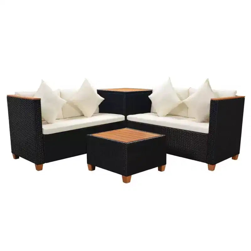 vidaXL 4-teiliges Lounge-Set – Gartenmöbel aus Polyrattan mit Kissen und Aufbewahrungsbox, perfekt für Garten/Terrasse, Schwarz und Cremeweiß