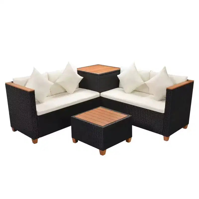 vidaXL 4-teiliges Lounge-Set – Gartenmöbel aus Polyrattan mit Kissen und Aufbewahrungsbox, perfekt für Garten/Terrasse, Schwarz und Cremeweiß