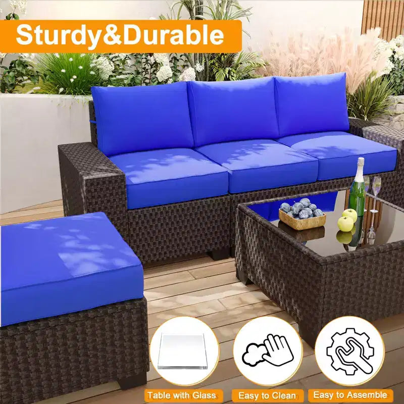Acekool 6-teiliges Terrassenmöbel-Set, braunes Outdoor-Sofa aus Polyrattan mit Kissen, wetterfestes Rattan-Sitzgruppen-Set & Couchtisch
