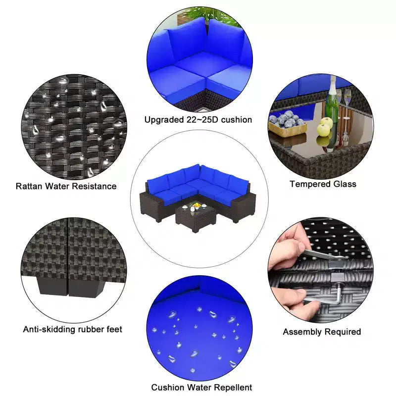 Acekool 6-teiliges Terrassenmöbel-Set, braunes Outdoor-Sofa aus Polyrattan mit Kissen, wetterfestes Rattan-Sitzgruppen-Set & Couchtisch