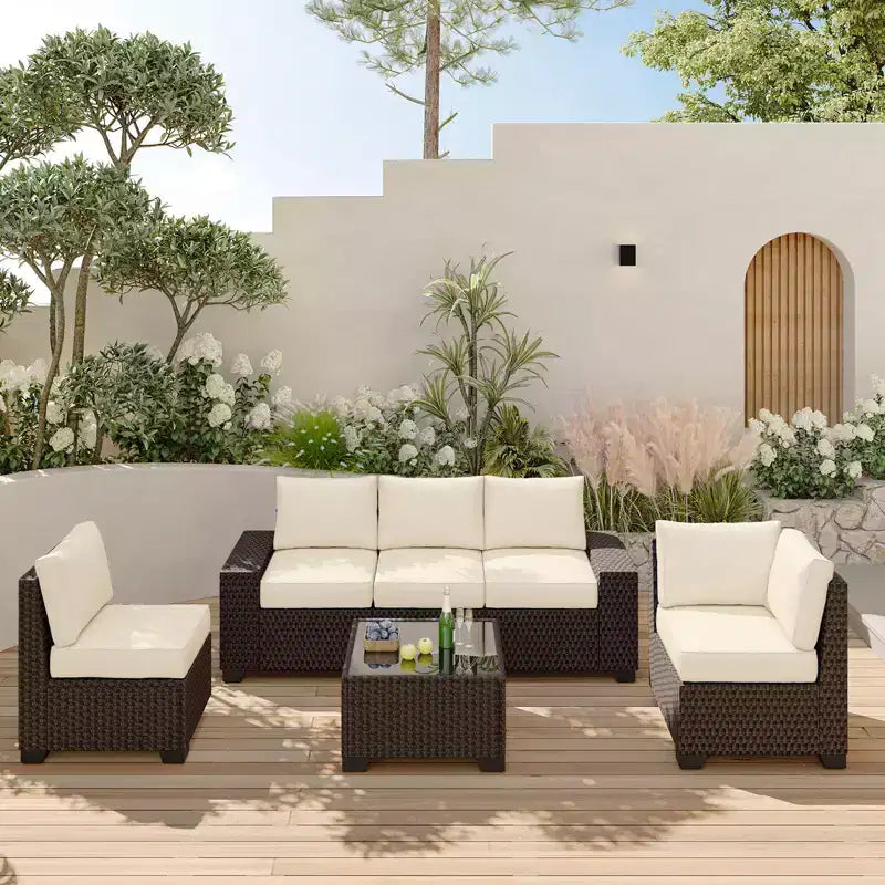 Acekool 6-teiliges Terrassenmöbel-Set, braunes Outdoor-Sofa aus Polyrattan mit Kissen, wetterfestes Rattan-Sitzgruppen-Set & Couchtisch