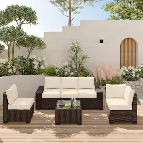 Acekool 6-teiliges Terrassenmöbel-Set, braunes Outdoor-Sofa aus Polyrattan mit Kissen, wetterfestes Rattan-Sitzgruppen-Set & Couchtisch
