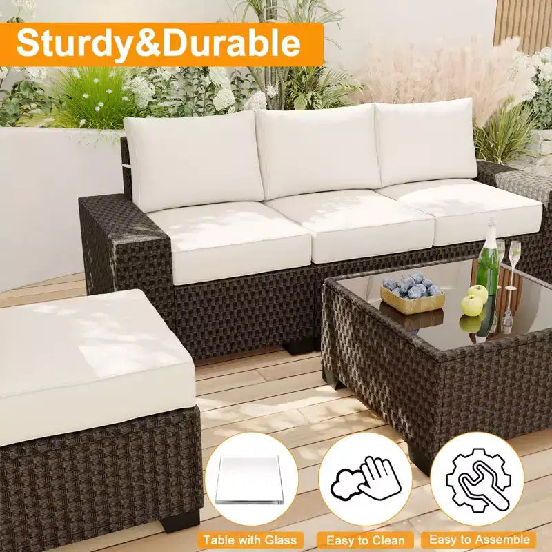 Acekool 6-teiliges Terrassenmöbel-Set, braunes Outdoor-Sofa aus Polyrattan mit Kissen, wetterfestes Rattan-Sitzgruppen-Set & Couchtisch