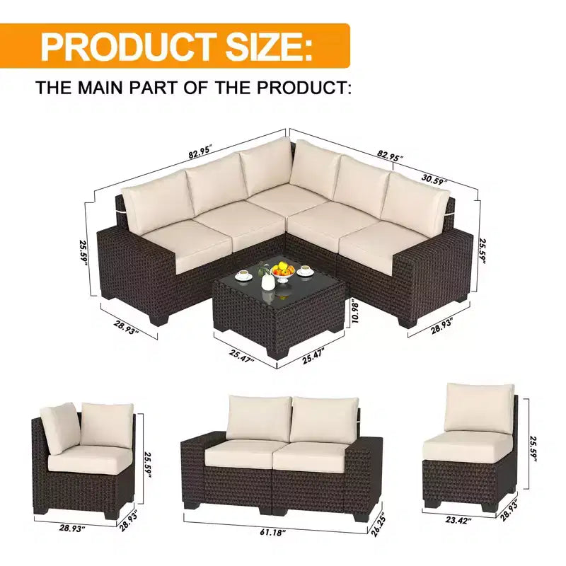 Acekool 6-teiliges Terrassenmöbel-Set, braunes Outdoor-Sofa aus Polyrattan mit Kissen, wetterfestes Rattan-Sitzgruppen-Set & Couchtisch