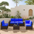 Acekool 6-teiliges Terrassenmöbel-Set, braunes Outdoor-Sofa aus Polyrattan mit Kissen, wetterfestes Rattan-Sitzgruppen-Set & Couchtisch
