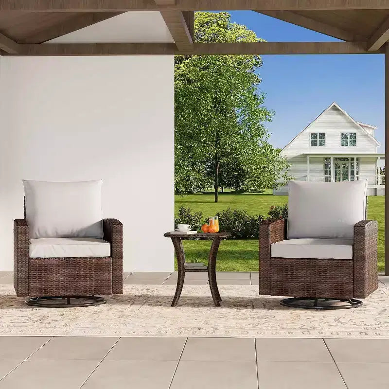 Acekool 3 Piece Patio Wicker Swivel Rocker Chair Set with Rattan Side Table & Soft Cushions, Outdoor Swivel Rocking Chairs for Deck Porch Pool