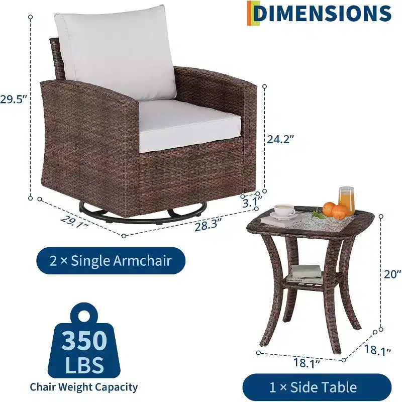 Acekool 3-teiliges Terrassenmöbel-Set aus Korbsessel, drehbar, mit Rattanseiten-Tisch und weichen Kissen, Outdoor-Drehsessel für Deck, Veranda, Pool