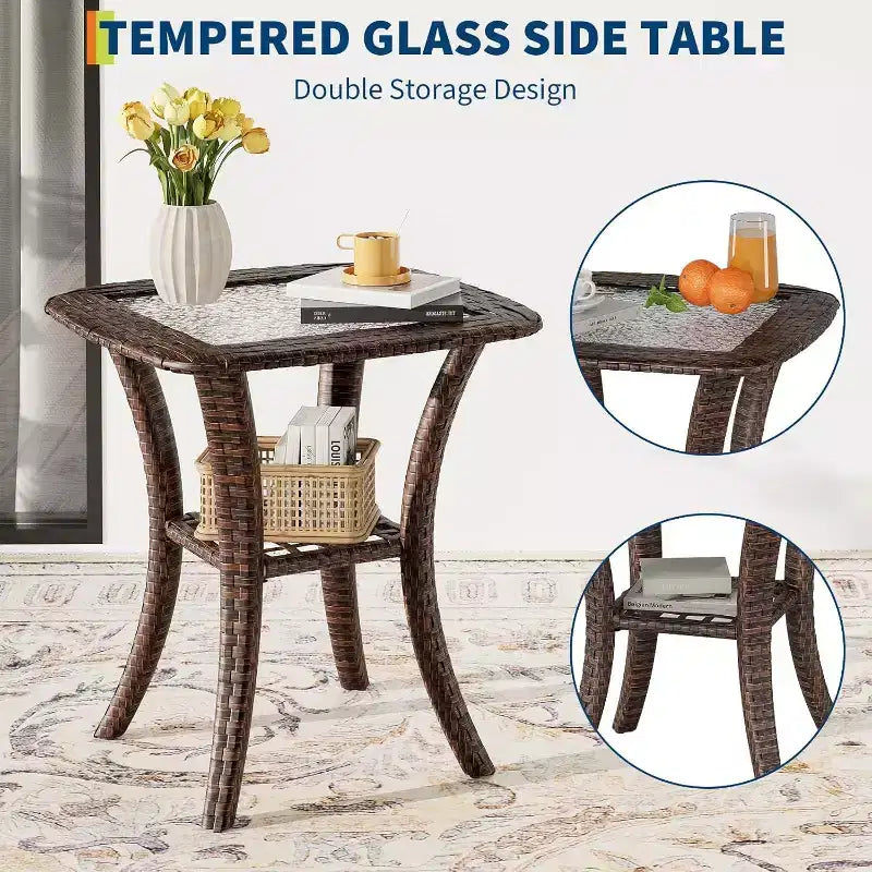 Acekool 3-teiliges Terrassenmöbel-Set aus Korbsessel, drehbar, mit Rattanseiten-Tisch und weichen Kissen, Outdoor-Drehsessel für Deck, Veranda, Pool