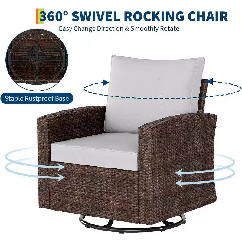 Acekool 3-teiliges Terrassenmöbel-Set aus Korbsessel, drehbar, mit Rattanseiten-Tisch und weichen Kissen, Outdoor-Drehsessel für Deck, Veranda, Pool