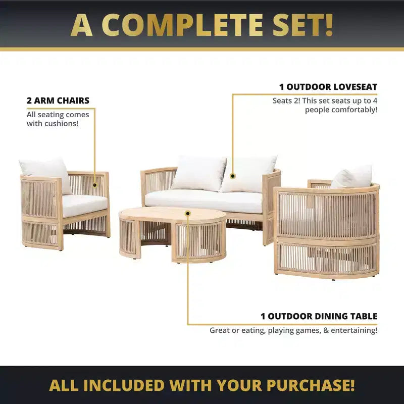 Kinger Home Haven 4-teiliges Terrassenmöbel-Set aus Akazienholz, Gartenmöbel-Gesprächsgruppe für den Außenbereich