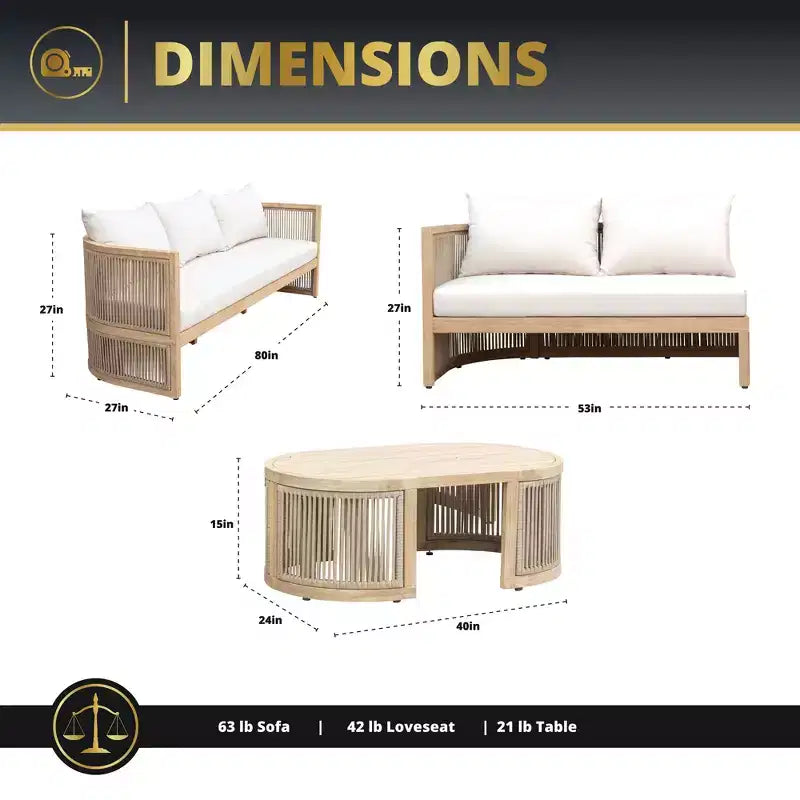 Kinger Home Nancy 3-teiliges Terrassenmöbel-Set aus Akazienholz, Garten-Sitzgruppe mit Couchtisch