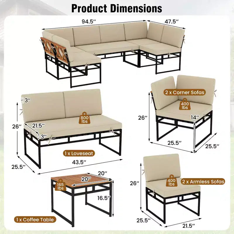 Costway 6-teiliges Loungesofa-Set für den Außenbereich, Metall, Gesprächsgruppe mit Bungee-Seil-Sitz